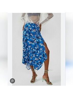 ZARA | Floral Printed Skirt Satin Slit Maxi Blue sz XS